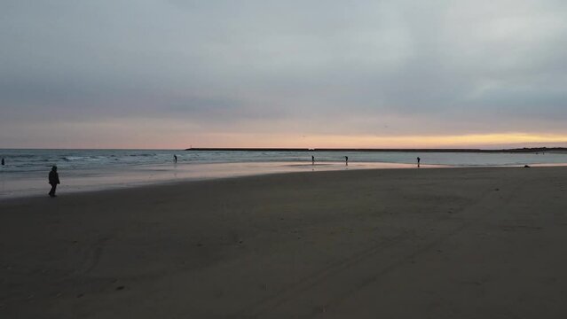 Personas recogiendo marisco a la orilla de la playa al atardecer. 