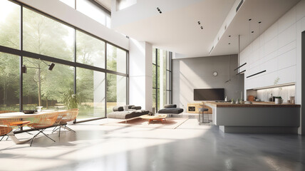 Interior of modern home panorama 3d rendering. Generative Ai