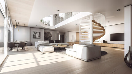 Fototapeta na wymiar Interior of modern home panorama 3d rendering. Generative Ai