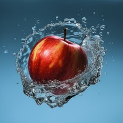 apple falling into clear, transparent water and splashing. Concept of freshness