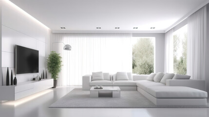 Fototapeta na wymiar Interior of modern white living room rendering, Bright color. Generative Ai