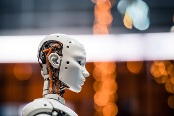 Profile view of the head of a female robot. Generative AI.