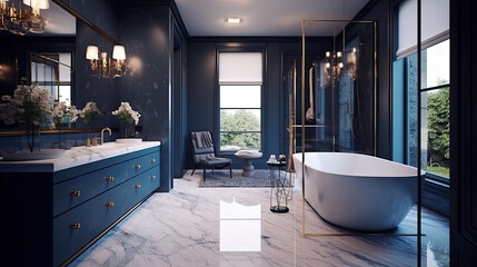 A luxurious bathroom with marble accents and sleek modern design. The room features a freestanding bathtub and a glass-enclosed shower. The walls are painted blue color, with metallic. Generative ai. - obrazy, fototapety, plakaty