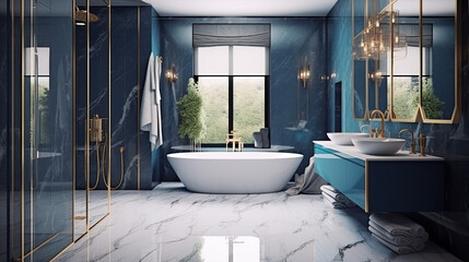 A luxurious bathroom with marble accents and sleek modern design. The room features a freestanding bathtub and a glass-enclosed shower. The walls are painted blue color, with metallic. Generative ai.
