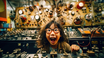 Mały naukowiec, dziewczynka krzyczy podczas wynalazków - obrazy, fototapety, plakaty