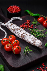 Delicious fresh smoked fuet sausage with salt, spices and herbs