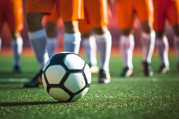 Soccer football ball kick at stadium training or game. Generative AI
