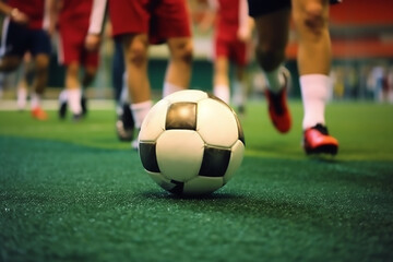 Obraz na płótnie Canvas Soccer football ball kick at stadium training or game. Generative AI