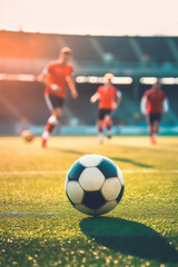 Fototapeta premium Soccer football ball kick at stadium training or game. Generative AI