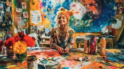 Uśmiechnięta dziewczyna z farbą, siedzi w pracowni - obrazy, fototapety, plakaty