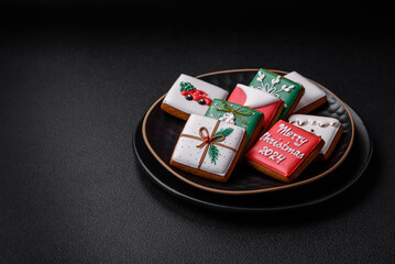 Delicious fresh sweet Christmas gingerbread with festive ornaments