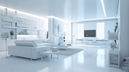Modern weiss apartment panorama 3d render, Bright color. Generative Ai