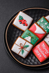 Delicious fresh sweet Christmas gingerbread with festive ornaments