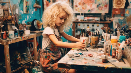 Dziewczynka w pracowni malarskiej tworzy obraz - obrazy, fototapety, plakaty