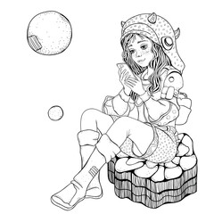 Black And White Coloring Book Page For Adult. Girl astronaut on the moon. The girl is sitting and looking at the phone.