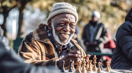 Czarnoskóry uśmiechnięty dziadek gra w szachy w parku z kolegami - obrazy, fototapety, plakaty