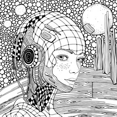 Cute robot girl. Girl astronaut. Zentangle background. Black and white doodle coloring book page for adult and children.
