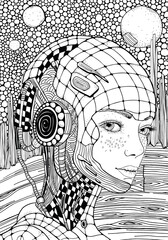 Cute robot girl. Girl astronaut. Zentangle background. Black and white doodle coloring book page for adult and children.