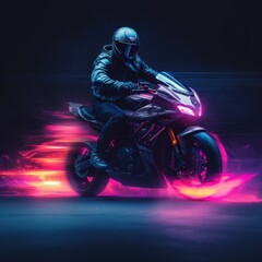 Fototapeta na wymiar illustration of a rider with neon lights cyberpunk style