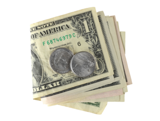 Folded one dollars bills and coin quarter cents isolated on white, top view