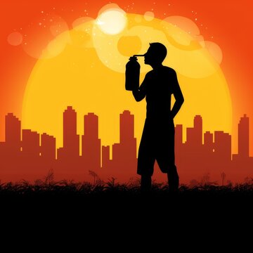 silhouette of a person at sunset drinking water after doing sport