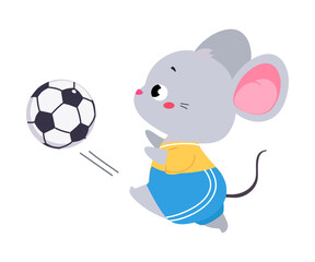 Funny Grey Mouse Animal Character Playing Football Wearing Uniform Passing Ball Vector Illustration