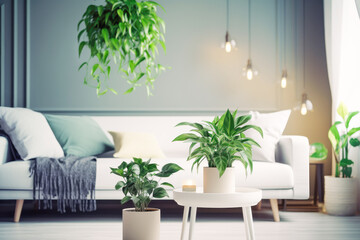 Living room interior with beautiful different potted green plants. Generative AI.