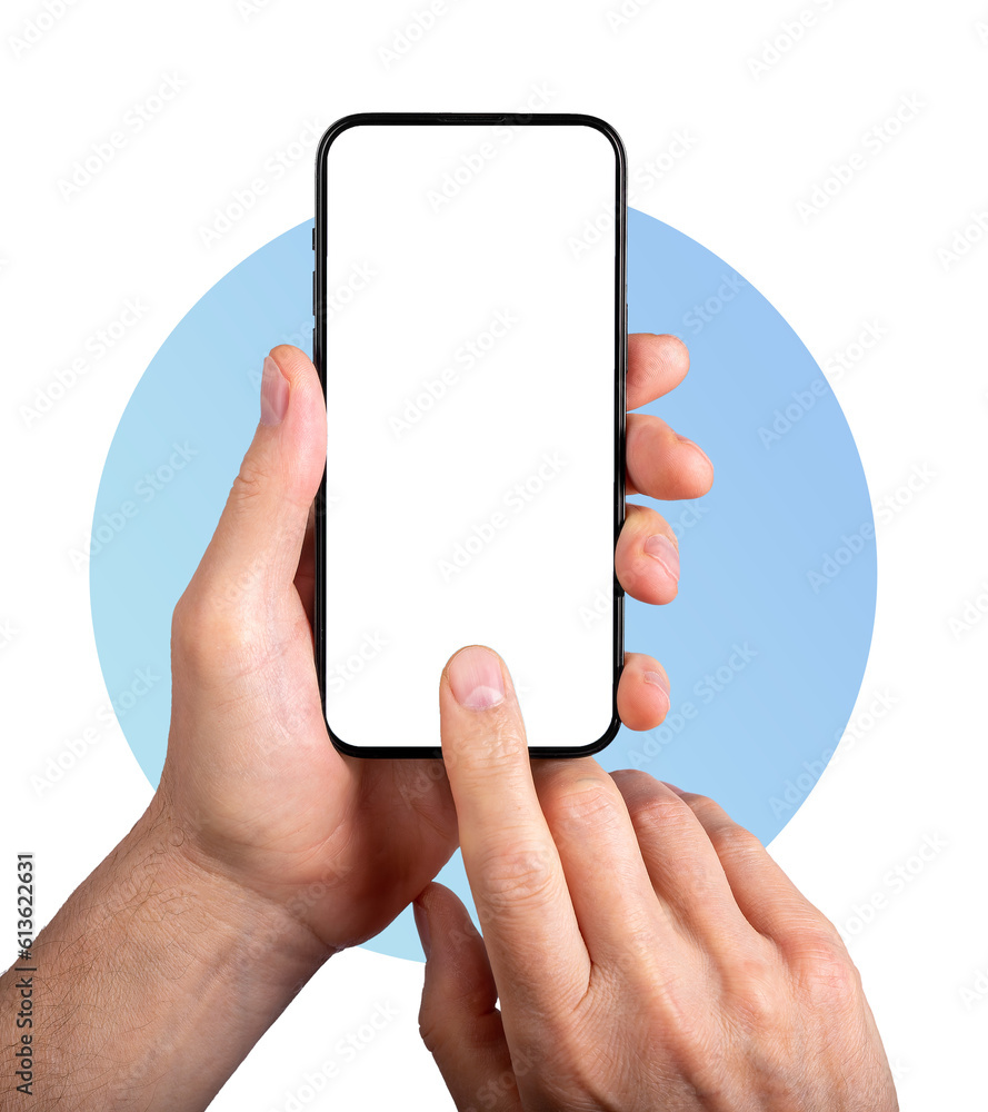 Wall mural hand holding mobile phone, clicking on blank screen mockup, display mock-up