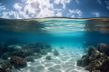 Fototapeta premium Abstract diving clean underwater background on the maldives islands with bokeh. AI Generative