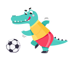Funny Crocodile Animal Character Playing Football Wearing Uniform Passing Ball Vector Illustration