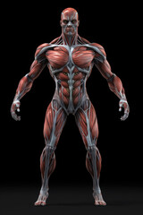 Fototapeta na wymiar Anatomical model of human body with muscular and circulatory systems on dark background. Created with Generative AI
