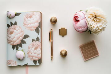 Workspace top view with pink blush blossom peonies, diary notebook and gold pen on white background. Bloom garden floral for template. Generative AI
