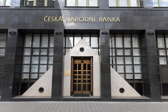 Ceska narodni banka (Czech national bank), Ostrava, Czech Republic, Czechia - April 3, 2023: Central and reserve bank. Front door of the building, symbol and sign of financial institution.