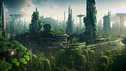 Fototapeta premium Dystopian Future City in Nature, City in Forest, Green City, Futuristic Architecture, Generative AI