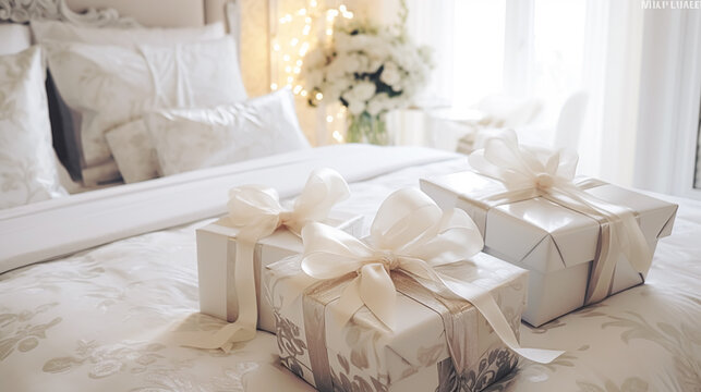 Wedding gifts and flowers in an elegant white bedroom, generative ai