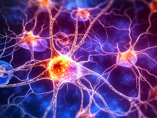 Neural connections under a microscope, blue background, orange, purple. AI generated