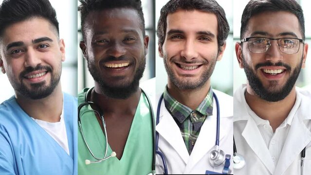 A series of portraits of doctors smiling at the camera, medical workers and doctors posing.