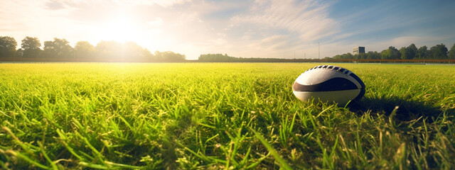 Rugby ball at green grass at sunny day, illustration, banner with copy space. 