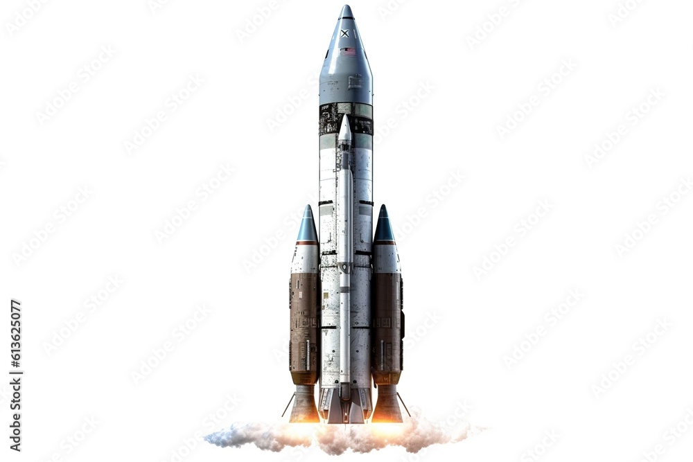 Poster taking off rocket isolated on white background. generated by ai.