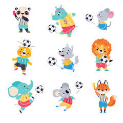 Fototapeta na wymiar Funny Animal Characters Playing Football Wearing Uniform Passing Ball Vector Set