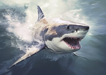 Predatory great white shark swimming in shallow ocean reef