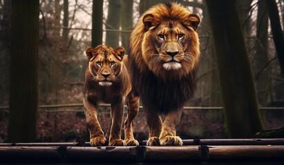 Pair of adult lions in the zoological garden