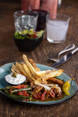 greek gyros with metaxa sauce and fries