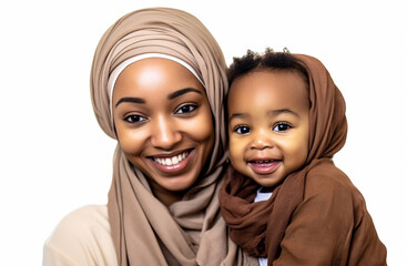 Black family by mother Muslim wearing a hijab, dressed in a traditional religious cloth with cute child. Mommy little kid isolated on white background studio portrait. Mother's Day love family