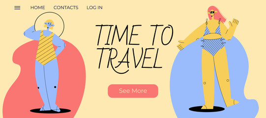 Travel concept. Happy girls smiling on the beach. Cheerful Women Characters Enjoying Summer Activities, Relax . Time to travel landing page template