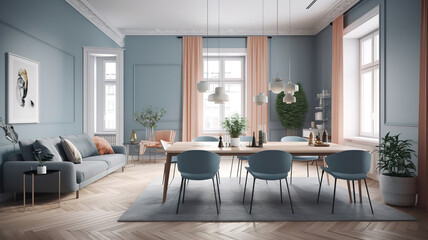 Interior design of modern scandinavian apartment, living room and dining room. Generative Ai