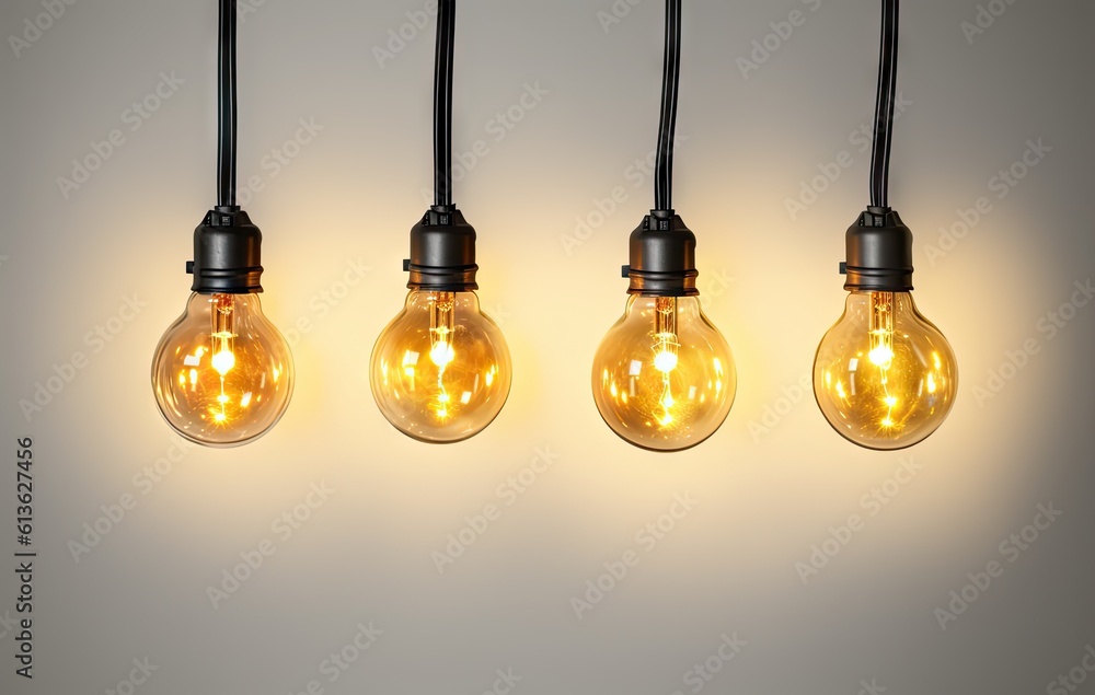 Poster a row of light bulbs hanging on a wire created with generative ai technology.