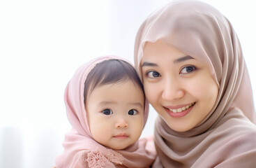 Asian family by mother Muslim wearing a hijab, dressed in a traditional religious cloth with cute child. Mommy little kid isolated on white background studio portrait. Mother's Day love family 