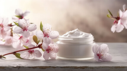 Fototapeta na wymiar A jar of luxurious cream on a wooden table