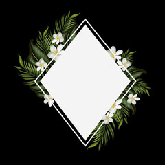 Tropical  card with green leaves and flowers.